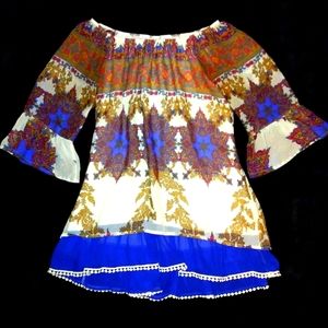 2 B Together Sheer Boho Peasant Top with Ruffle Sleeves & Crochet Trim Large